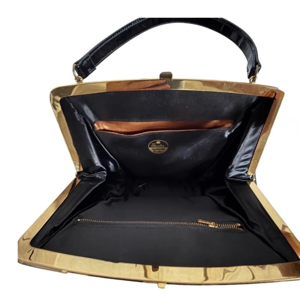 Theodor California Vintage Black Patent Leather Handbag Gold Frame Top Handle
